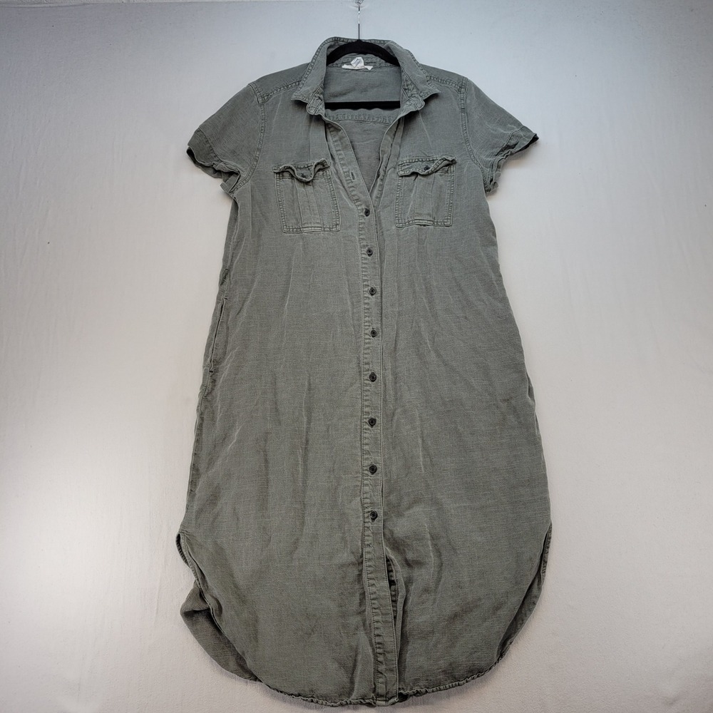 Lucky Brand Shirt Dress Women Large Green Utility Button Front Midi Short Sleeve